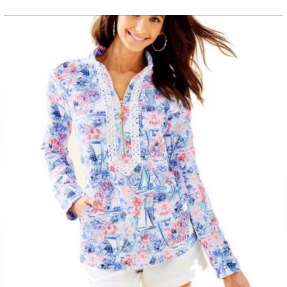 LILLY PULITZER Janie Embroidered
Popover Top SEA TO SHINING SEA Size VGUC Large